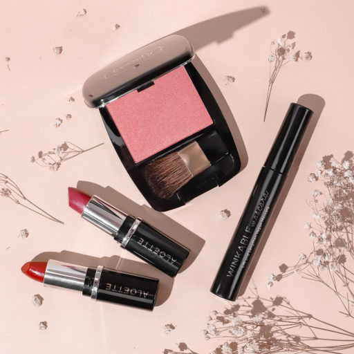 Red Lipstick + Pink Lipstick + Winkable + Blush Palette Open + on peach floral + 3000@300dpi.jpg